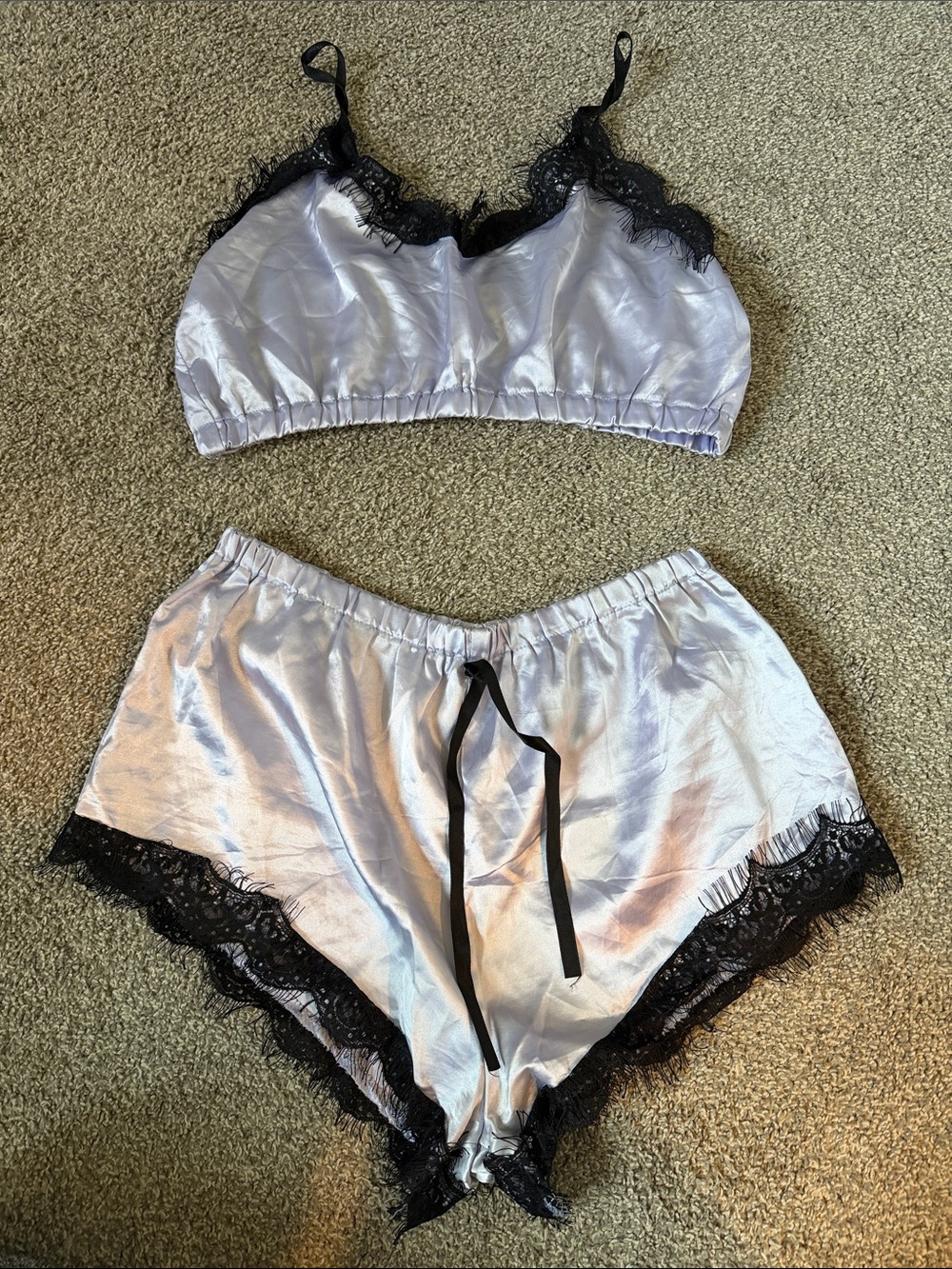 Lavender Satin Bralette & Shorts Set with Black Lace